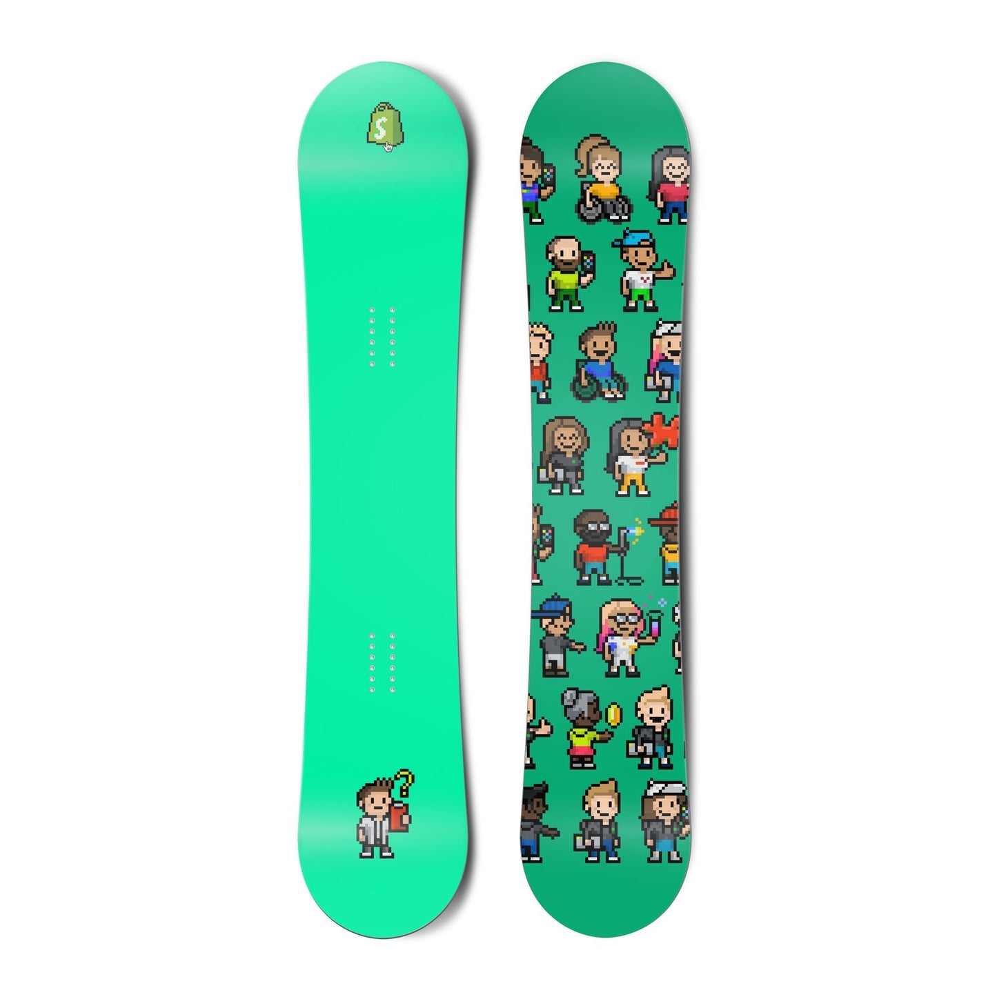 Top and bottom view of a snowboard. The top view shows a pixelated Shopify bag logo and a pixelated
character reviewing a clipboard with a questioning expression with a bright green-blue background. The bottom
view is a pattern of many pixel characters with a bright green-blue background.