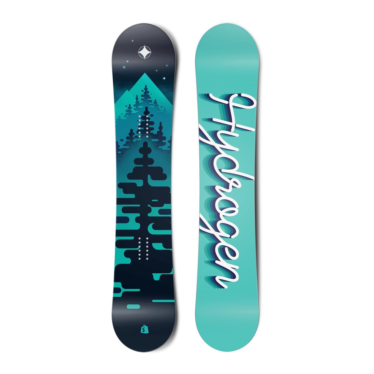The top and bottom view of a snowboard. The top has view is turquoise and black with graphics of
trees. The bottom view is turquoise with the word hydrogen written in cursive.