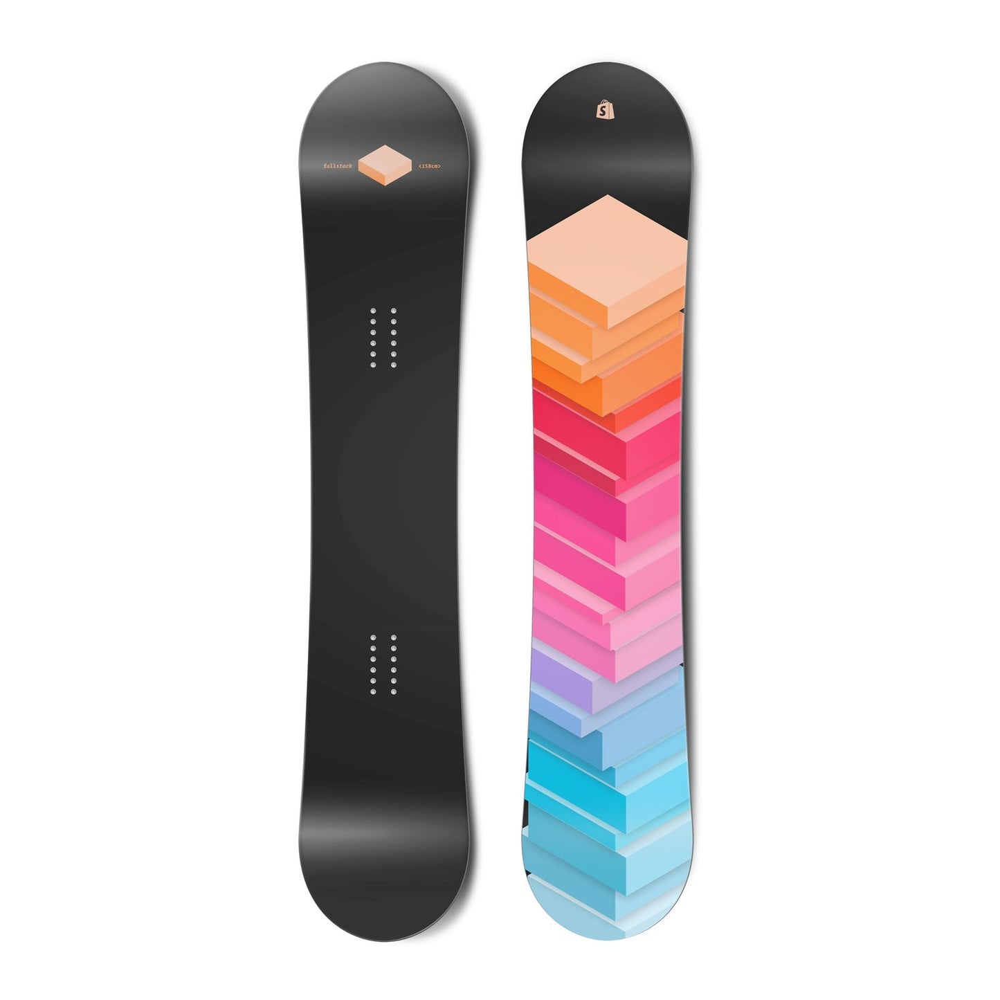 The top view and bottom view of a snowboard. The top view is black with a singular peach cube.
The bottom view has a graphic of a stack of blocks in a gradient from light blue, to pink to peach.