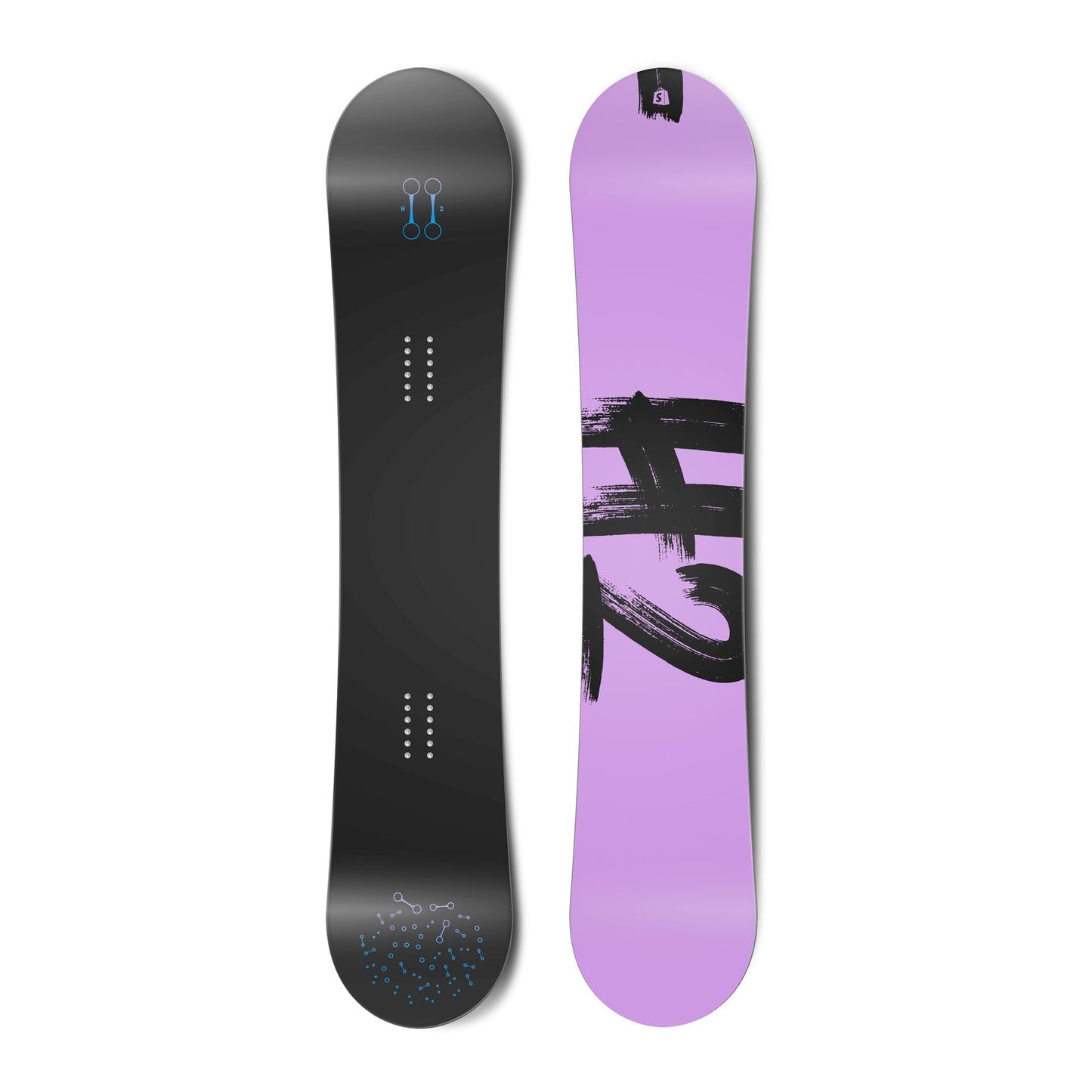 Top and bottom view of a snowboard. The top view shows stylized hydrogen bonds and the bottom view
shows “H2” in a brush script typeface.