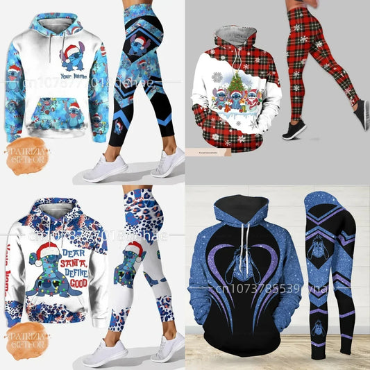 Disney Stitch Christmas 3D Women's Hoodie and Leggings Suit Minnie Yoga Pants Sweatpants Fashion Sports Suit
